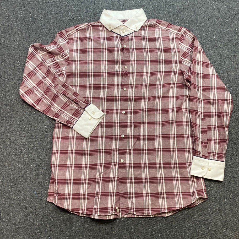 Hugo Boss Selection Shirt Sz XL Mens Maroon Plaid Shaped Fit Contrast Collar